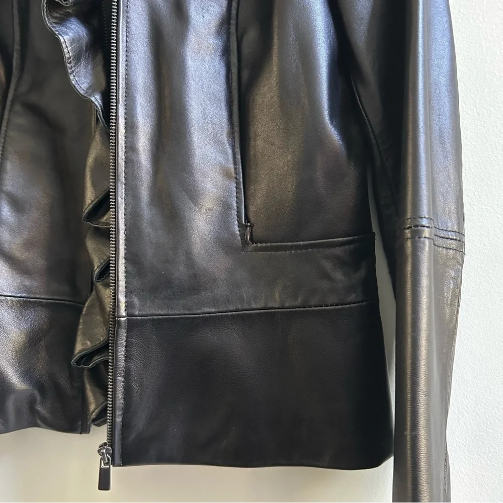 NWT Tahari Perry Women's Black Lamb Leather Ruffled Front Zip Jacket, Size Small - Picture 3 of 9